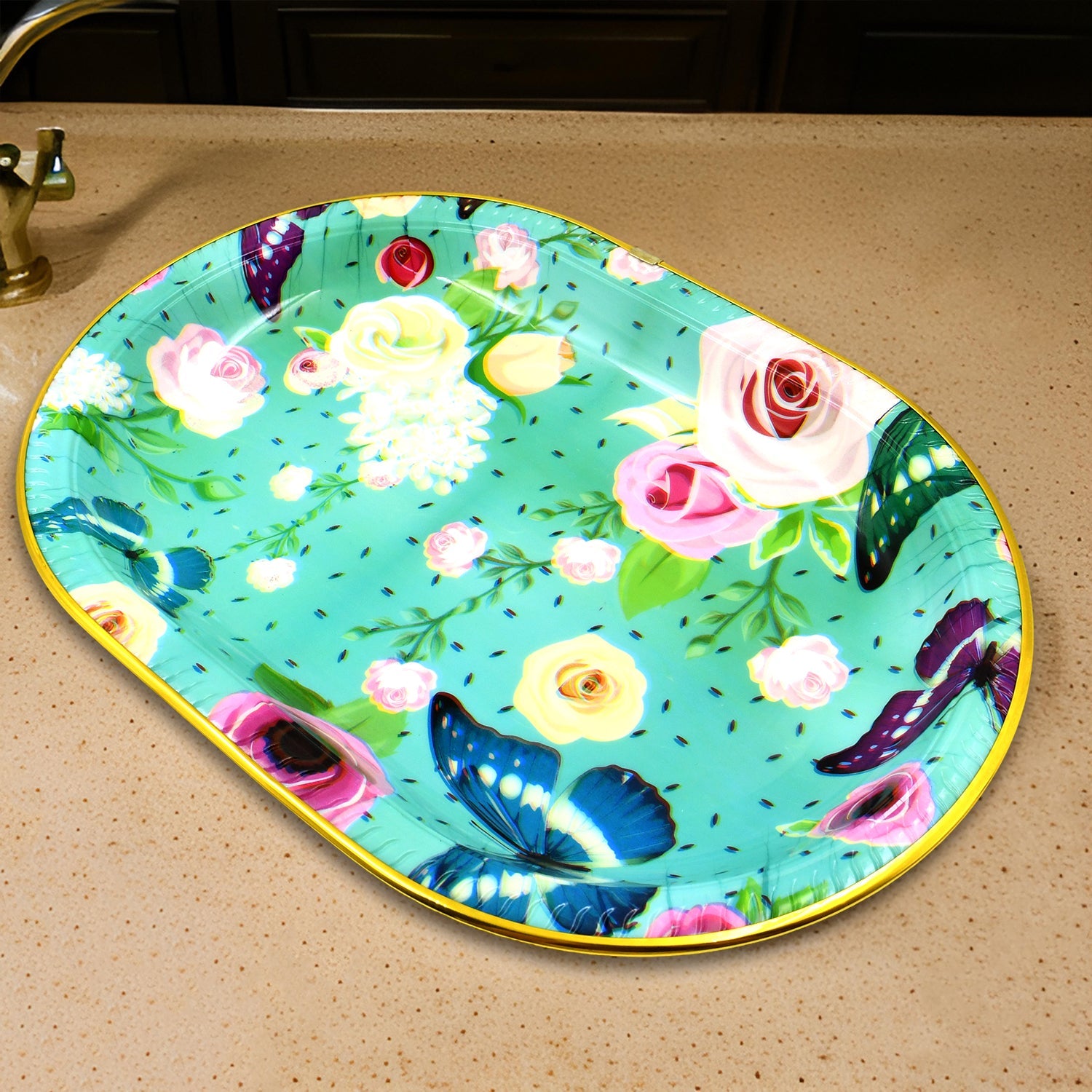 Big Plastic Flower Printed Design Serving Tray (1 Pc  35 X 24 Cm) Big Plastic Flower Printed Design Serving Tray (1 Pc  35 X 24 Cm)